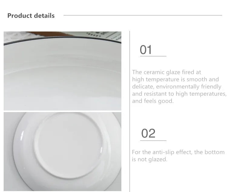White With Black Edge Dinner Plate Ceramic Kitchen Tray Food Dishes Rice Salad Noodles Bowl Soup Kitchen Cook Tool 1pcs Sale