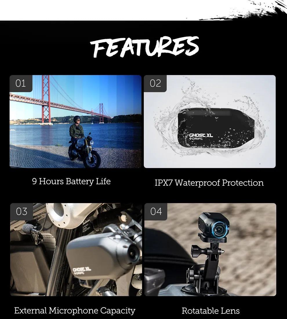 Drift Ghost XL Action Camera 1080P Sport Camera WiFi with Rotating Lens and Dash Cam Mode IPX7 Waterproof Motorcycle Helmet Cam