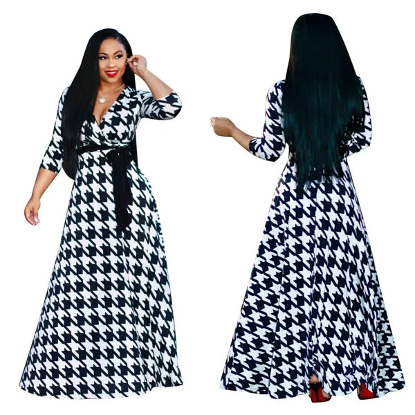 Autumn Fashion Plaid Printed Long Swing Dress Vintage Style Sexy Deep V Quarter Sleeve Boho Maxi Dress ESMR8834