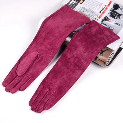 2025 Fall/Winter Fashion Women Pigskin Suede Genuine Leather Fold Long Glove Lady 30/40/50cm Black/Pink/Red Classic Luvas Mujer