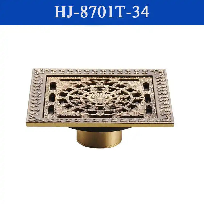 Shower Drains 12*12cm Square Bath Drains Strainer Hair Antique Brass Art Carved Bathroom Floor Drain Waste Grate Drain HJ-8701T
