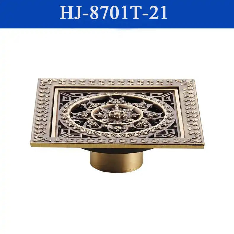 Shower Drains 12*12cm Square Bath Drains Strainer Hair Antique Brass Art Carved Bathroom Floor Drain Waste Grate Drain HJ-8701T