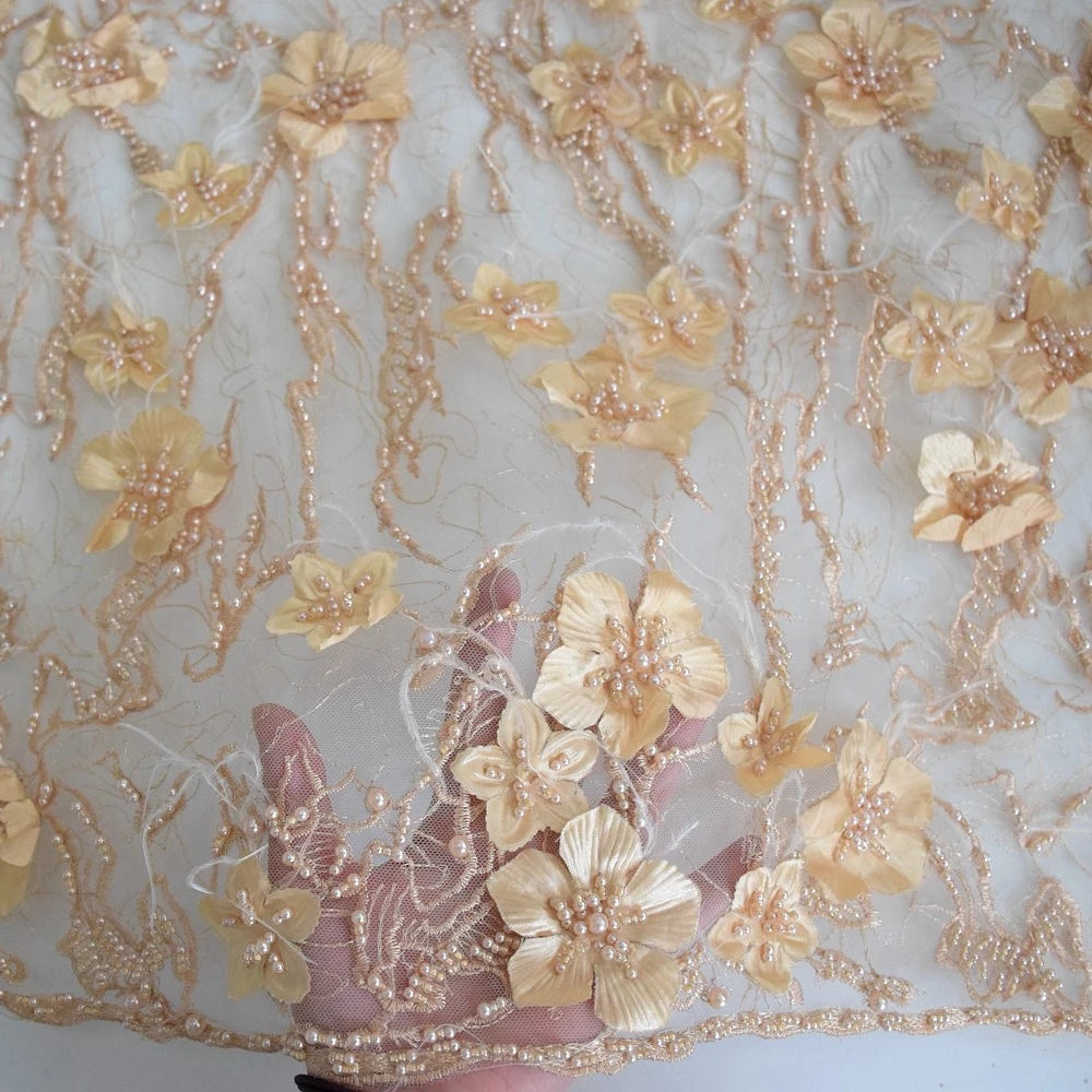Top Bridal Lace 3d Flower Full of Beads and Pearls With Feather for Wedding Dress HY0735-2