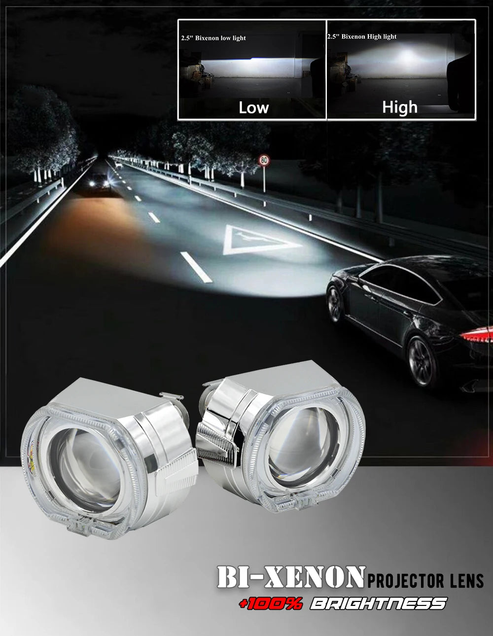 2.5 Inch Mini Bi Xenon Hid Projector Lens DRL LED White Angel Eyes Silver Shrouds Fit H4 H7 Retrofit Car Assembly Kit Demon Eyes