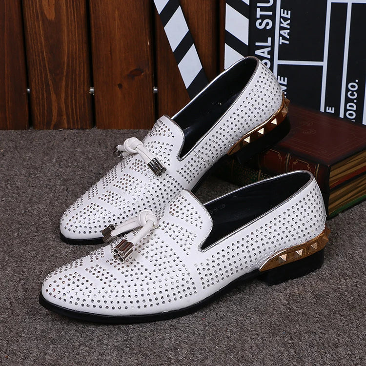 NA033 Big Size 46 Designer Men Suede Dress Shoes White Wedding Shoe Party Crystal Men Loafers Knot Smoking Slipper Male Flats