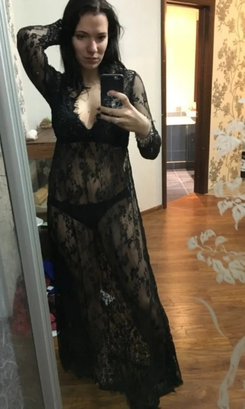 Sexy Women See-through V-Neck White Lace Floral Long Sleeve Hemline Slip Sun Dress Female Nightclub Party Camisole