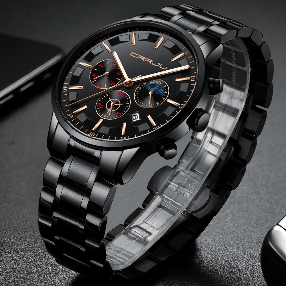 CRRJU Mens Watches Top Brand Luxury Fashion Business Quartz Watch Men Sport Full Steel Waterproof Black Clock Relogio Masculino