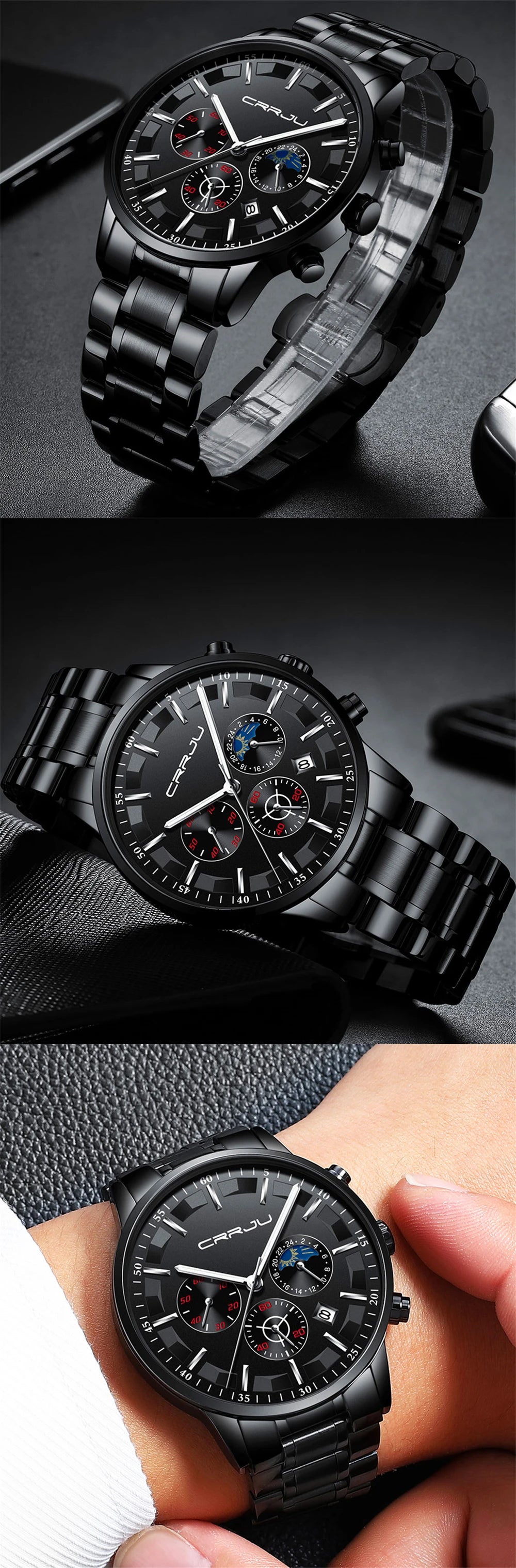 CRRJU Mens Watches Top Brand Luxury Fashion Business Quartz Watch Men Sport Full Steel Waterproof Black Clock Relogio Masculino