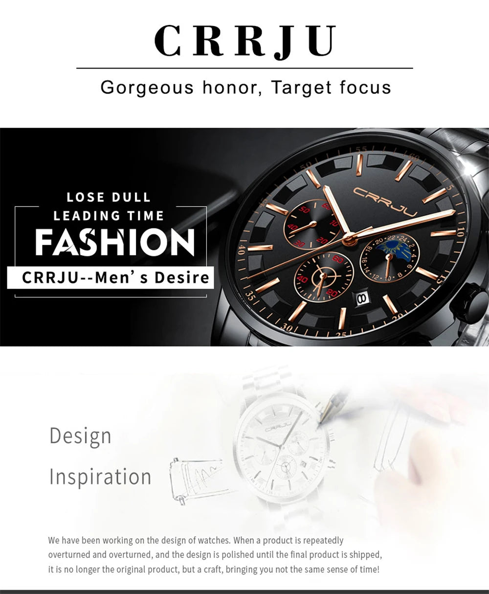 CRRJU Mens Watches Top Brand Luxury Fashion Business Quartz Watch Men Sport Full Steel Waterproof Black Clock Relogio Masculino