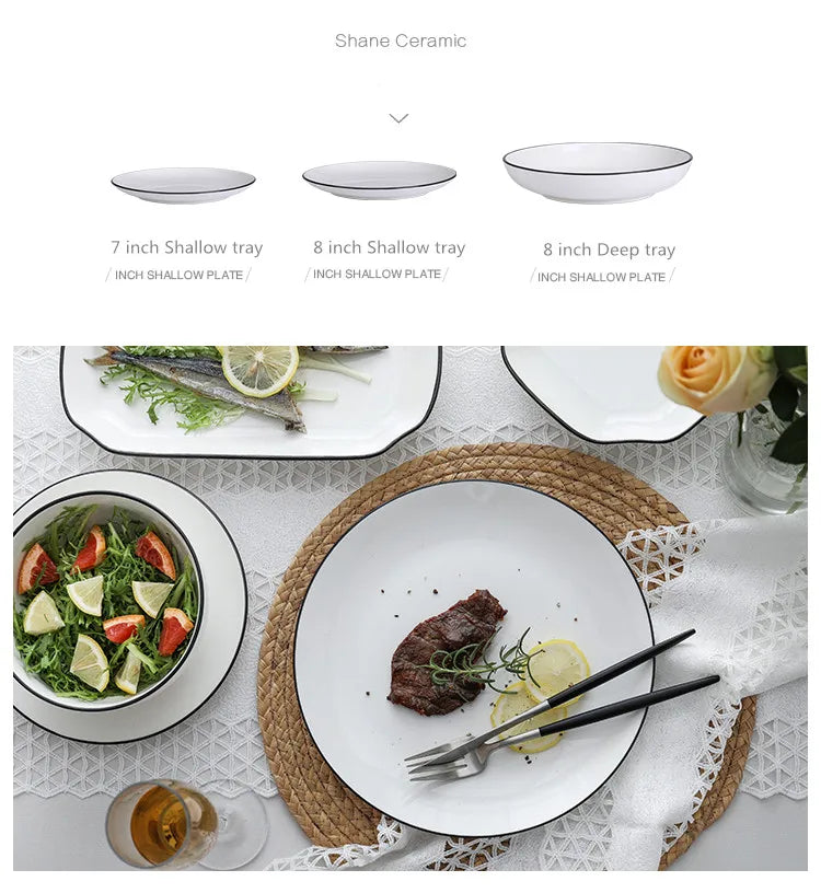 Black Rim White Ceramic Dinner Tray, Kitchen Plate, Tableware, Food Dishes, Soup Bowl,  Kitchen Cook Tool, 1 Piece Sale