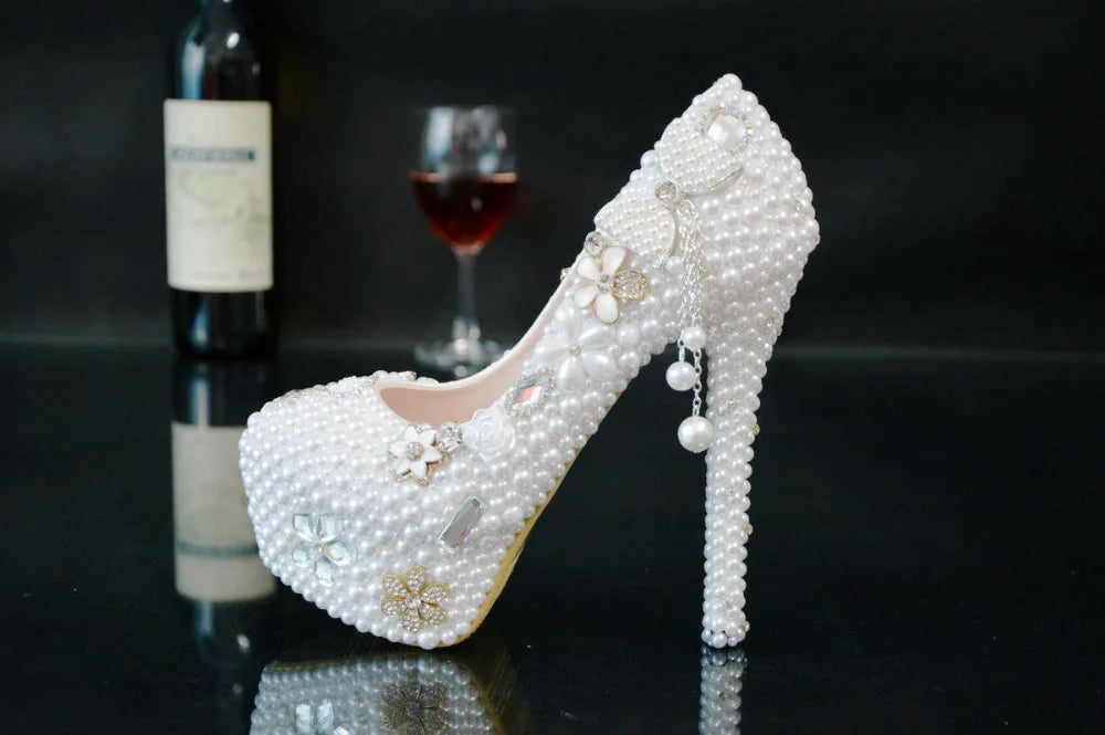 BS031 White Color Rhinestone Pearls Wedding High Heel Shoes Women up Heel Platform Shoe Size 35-42 Lady's Party Shoes 14cm Heels