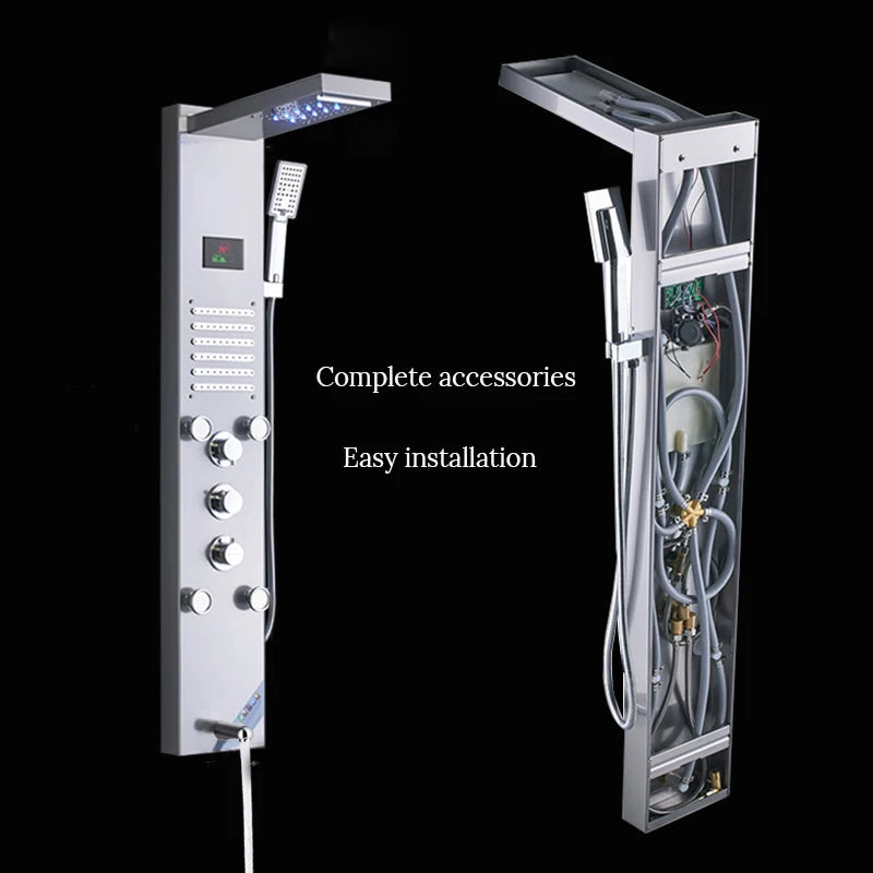 LED Light Shower Panel Faucet Waterfall Rain Shower Head SPA Massage Jets Shower Column Tower Digital Water Temperature Display