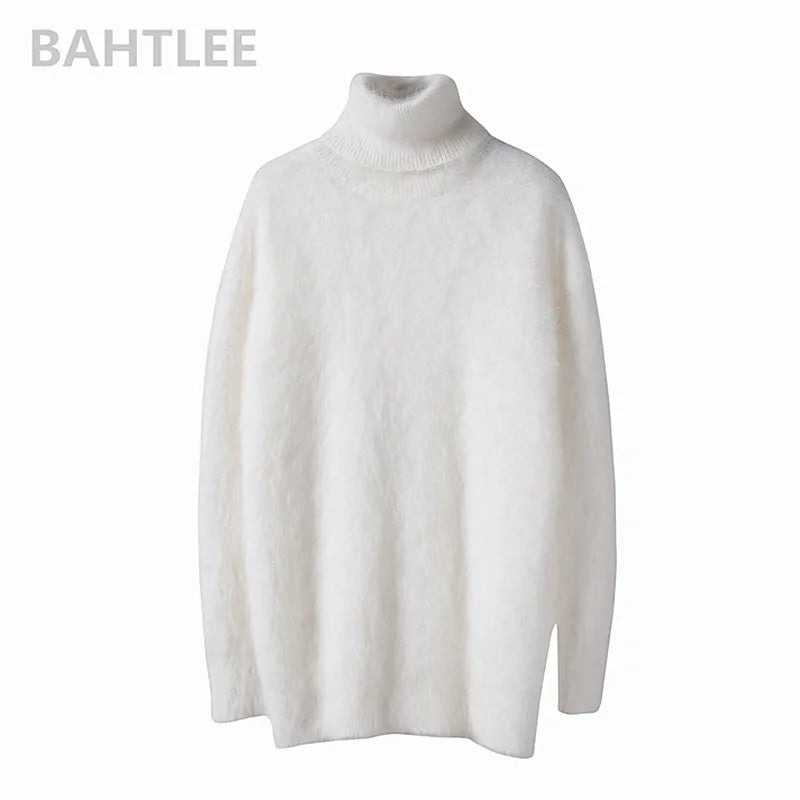 BAHTLEE-Women's Angora Jumper, Turtleneck Pullovers, Knitting Sweater, Long Sleeve, Keep Warm, White, Winter