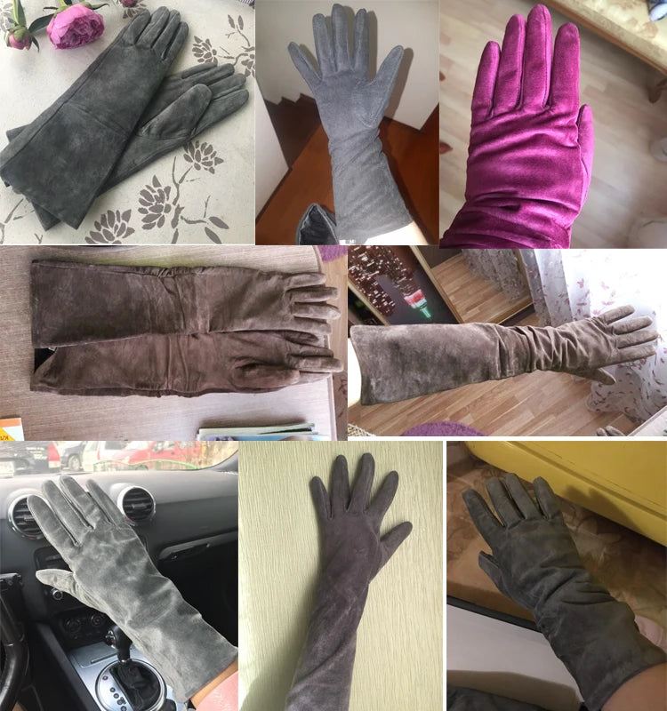 2025 Fall/Winter Fashion Women Pigskin Suede Genuine Leather Fold Long Glove Lady 30/40/50cm Black/Pink/Red Classic Luvas Mujer