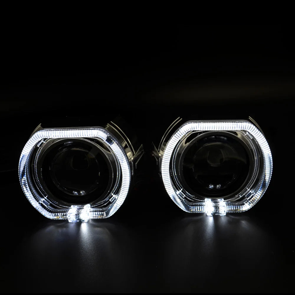 2.5 Inch Mini Bi Xenon Hid Projector Lens DRL LED White Angel Eyes Silver Shrouds Fit H4 H7 Retrofit Car Assembly Kit Demon Eyes