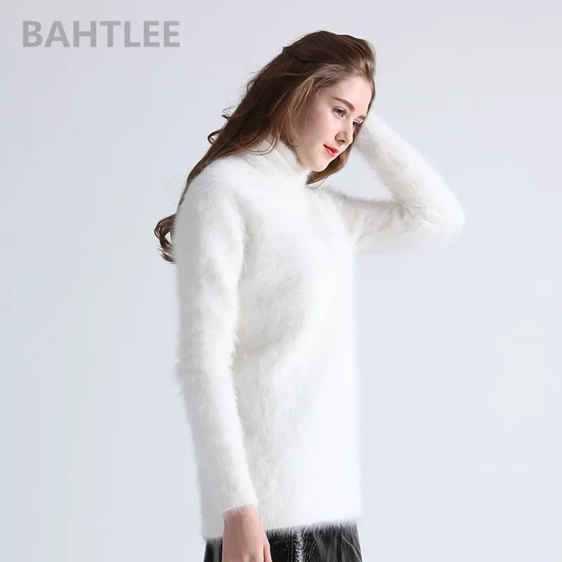 BAHTLEE-Women's Angora Jumper, Turtleneck Pullovers, Knitting Sweater, Long Sleeve, Keep Warm, White, Winter