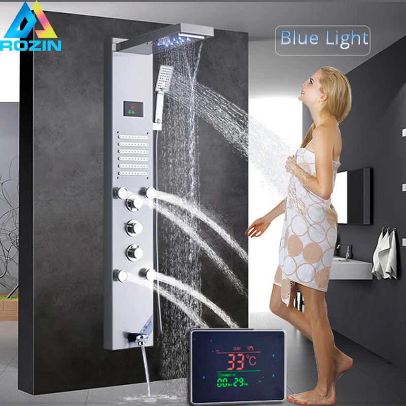 LED Light Shower Panel Faucet Waterfall Rain Shower Head SPA Massage Jets Shower Column Tower Digital Water Temperature Display