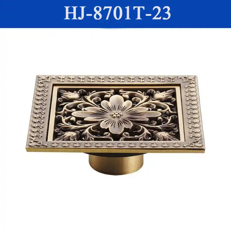 Shower Drains 12*12cm Square Bath Drains Strainer Hair Antique Brass Art Carved Bathroom Floor Drain Waste Grate Drain HJ-8701T
