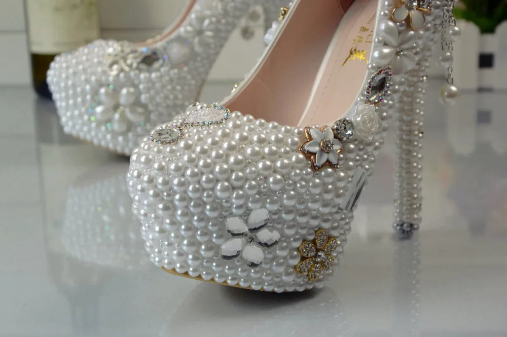 BS031 White Color Rhinestone Pearls Wedding High Heel Shoes Women up Heel Platform Shoe Size 35-42 Lady's Party Shoes 14cm Heels