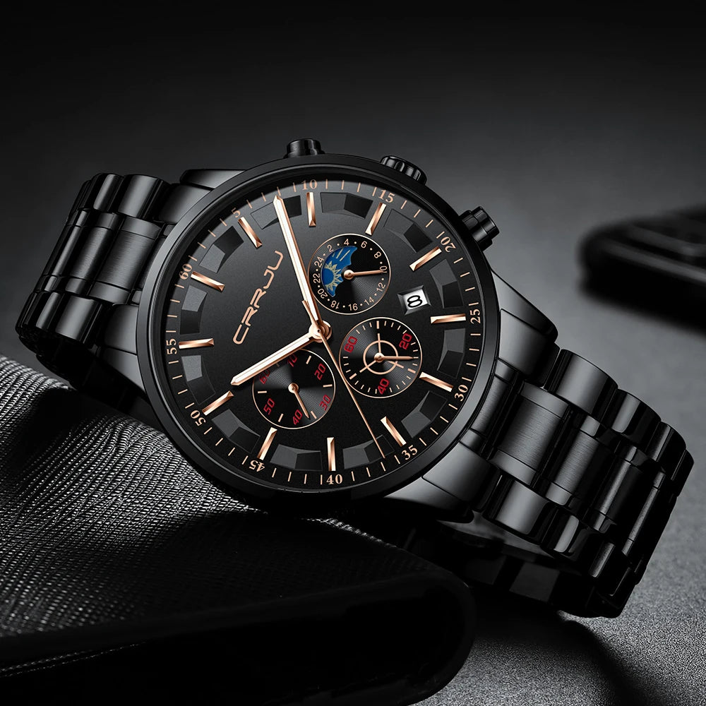 CRRJU Mens Watches Top Brand Luxury Fashion Business Quartz Watch Men Sport Full Steel Waterproof Black Clock Relogio Masculino