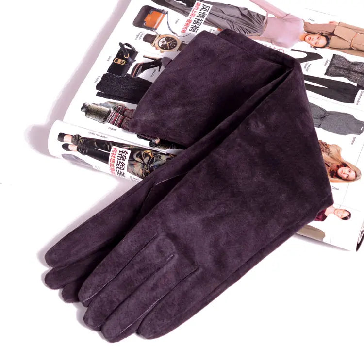 2025 Fall/Winter Fashion Women Pigskin Suede Genuine Leather Fold Long Glove Lady 30/40/50cm Black/Pink/Red Classic Luvas Mujer