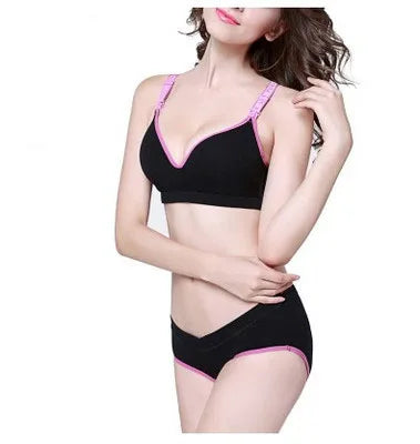 Women's Seamless Cotton Nursing Bra Set Front Button Sexy Pumping Bra with Logo on Waist Wirefree US EU Sizing