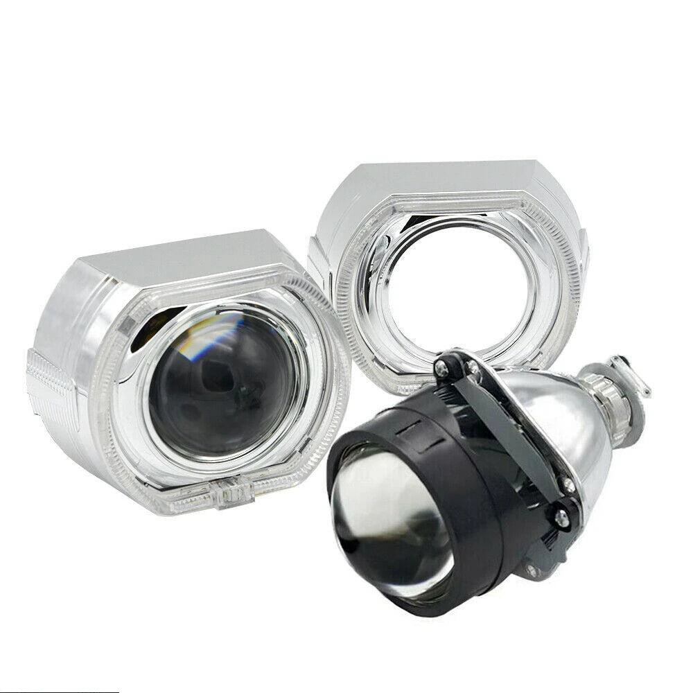 2.5 Inch Mini Bi Xenon Hid Projector Lens DRL LED White Angel Eyes Silver Shrouds Fit H4 H7 Retrofit Car Assembly Kit Demon Eyes