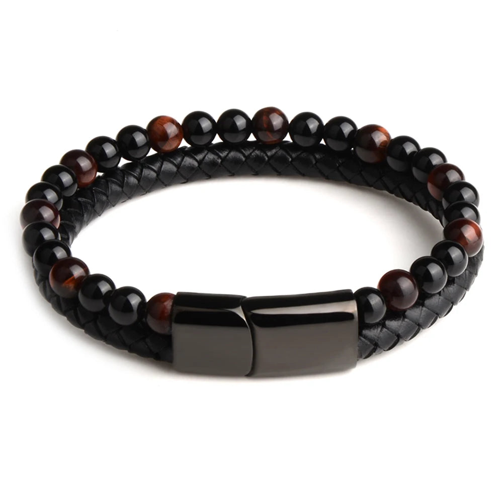 Natural Stone Bracelet Genuine Leather Braided Bracelets Black Stainless Steel Magnetic Clasp Tiger eye Bead Bangle Men Jewelry