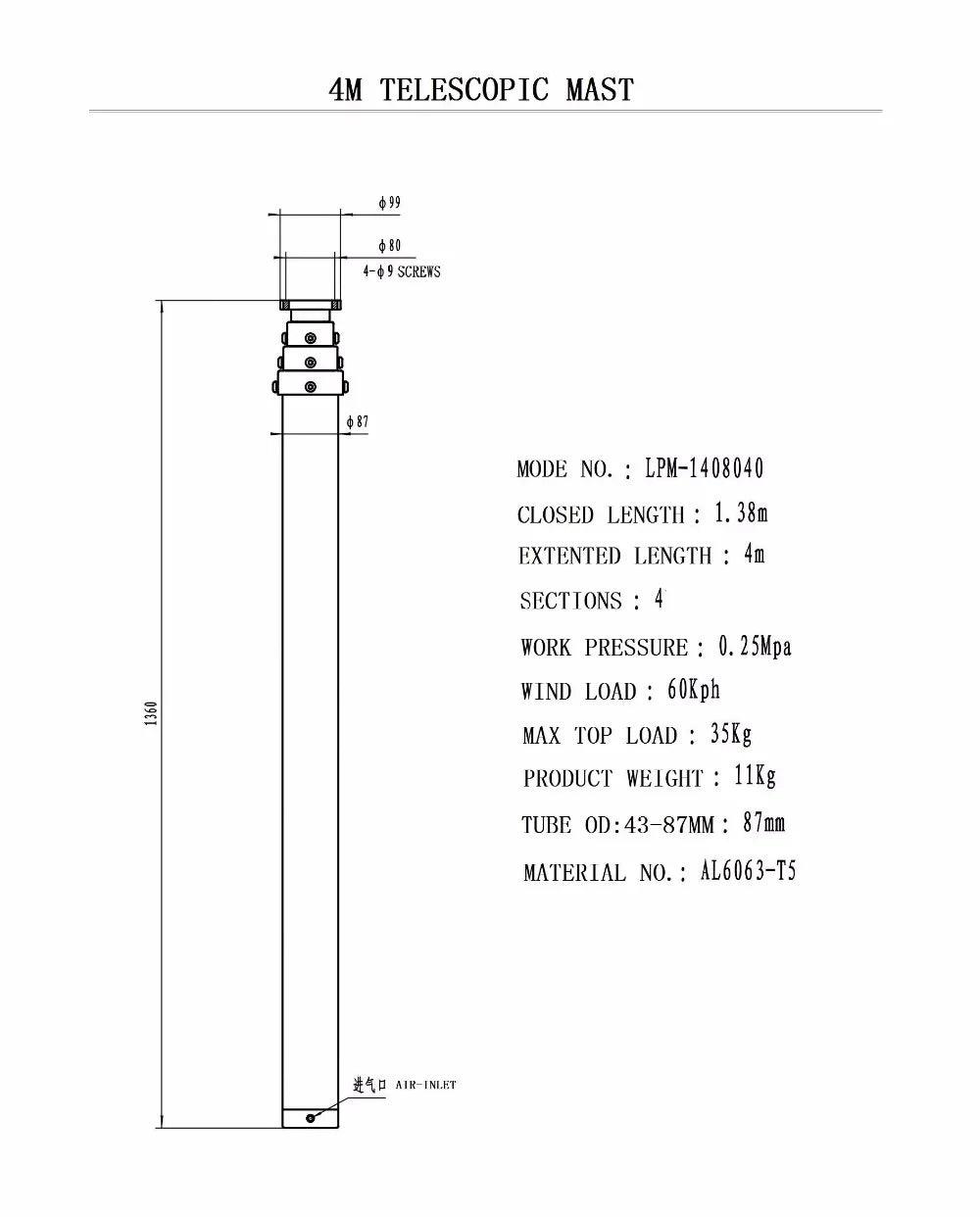 4m 35kg Load 13feet Extended 1.38m 4.5feet Close Telescommunication Antena Mast Wifi Tower Telescopic Heavy Duty Pole