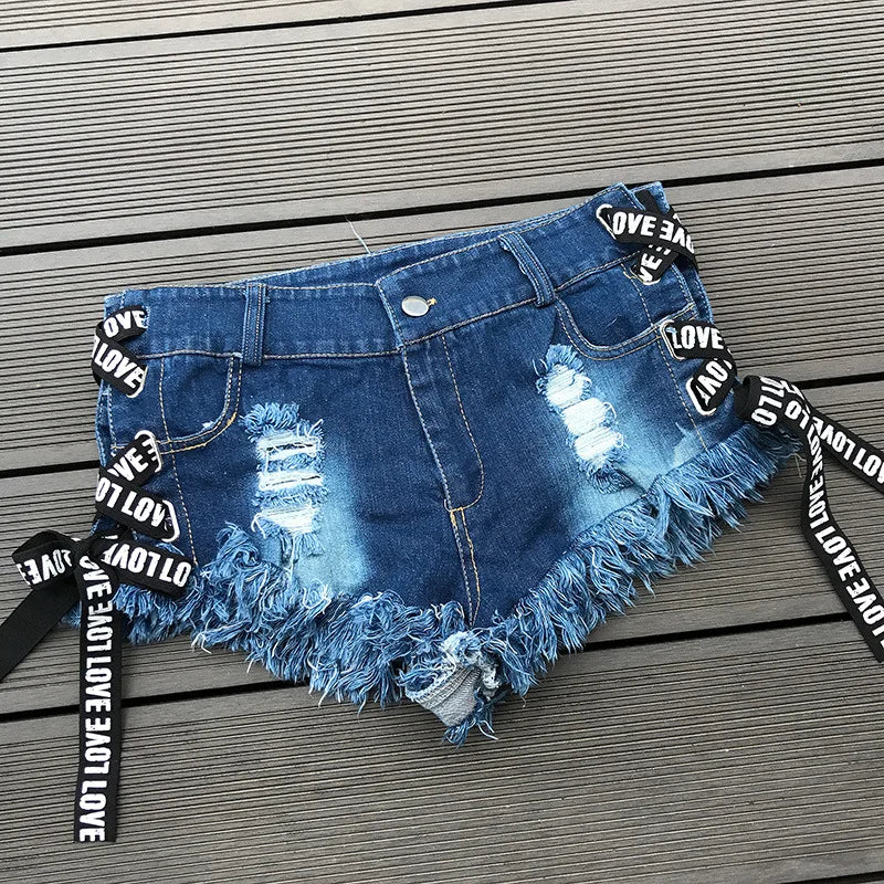 New Arrival Women Summer Denim Shorts Sexy Low Waist Beach Hole Side Bandage Hot Nightclub Jeans Short Pantalon Corto Mujer
