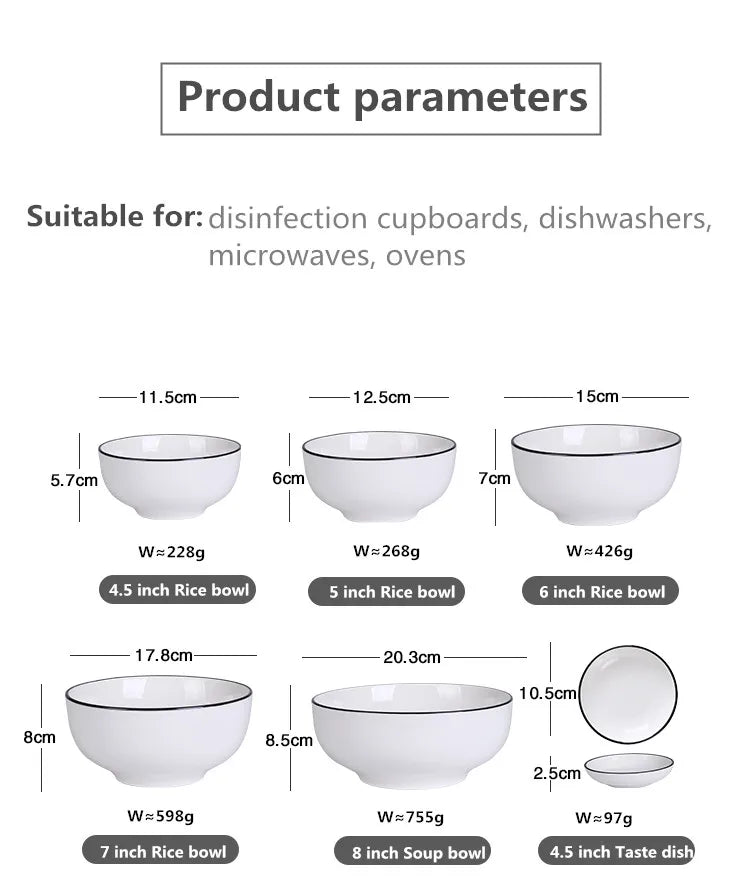 Black Rim White Ceramic Dinner Tray, Kitchen Plate, Tableware, Food Dishes, Soup Bowl,  Kitchen Cook Tool, 1 Piece Sale