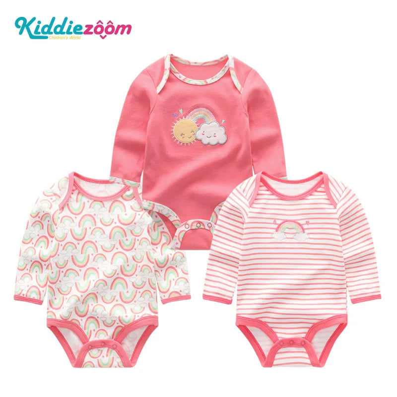 100% Cotton Jumpsuits 3Pieces Newborn Baby Boy Clothes Cartoon Bodysuit Print Long Sleeve Baby Girls Clothes 0-12M Spring Autumn