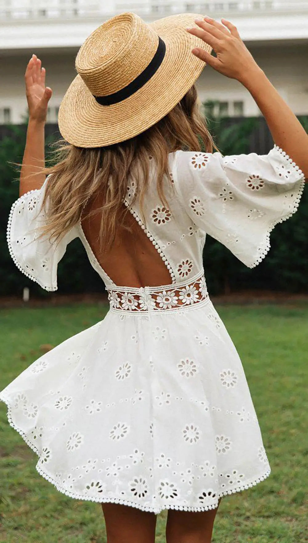 WildPinky Flare Sleeve Cotton White Lace Dress Women Casual Ladies Summer High Waist Short Dress Backless Hollow Out Vestidos