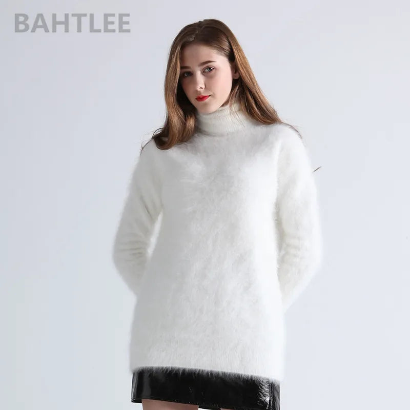 BAHTLEE-Women's Angora Jumper, Turtleneck Pullovers, Knitting Sweater, Long Sleeve, Keep Warm, White, Winter
