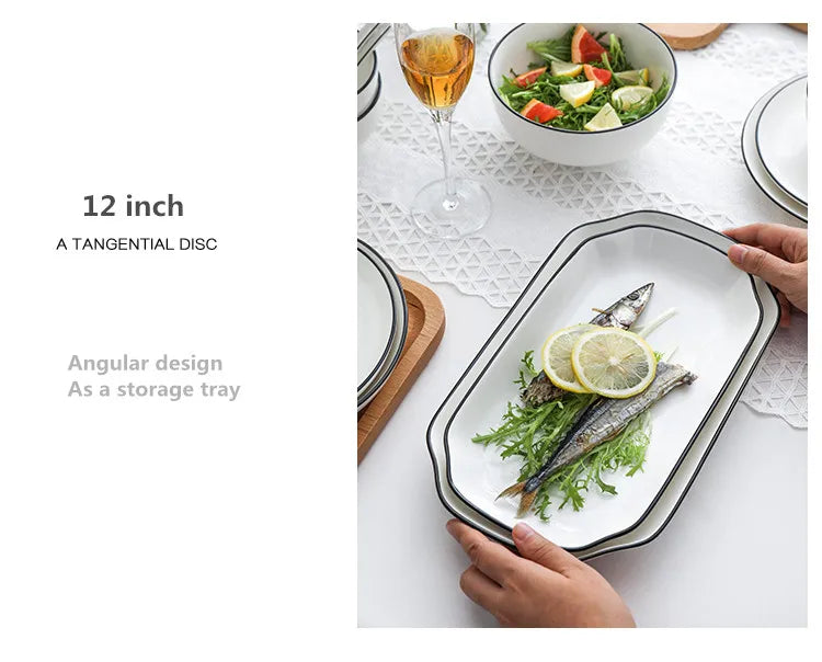 White With Black Edge Dinner Plate Ceramic Kitchen Tray Food Dishes Rice Salad Noodles Bowl Soup Kitchen Cook Tool 1pcs Sale