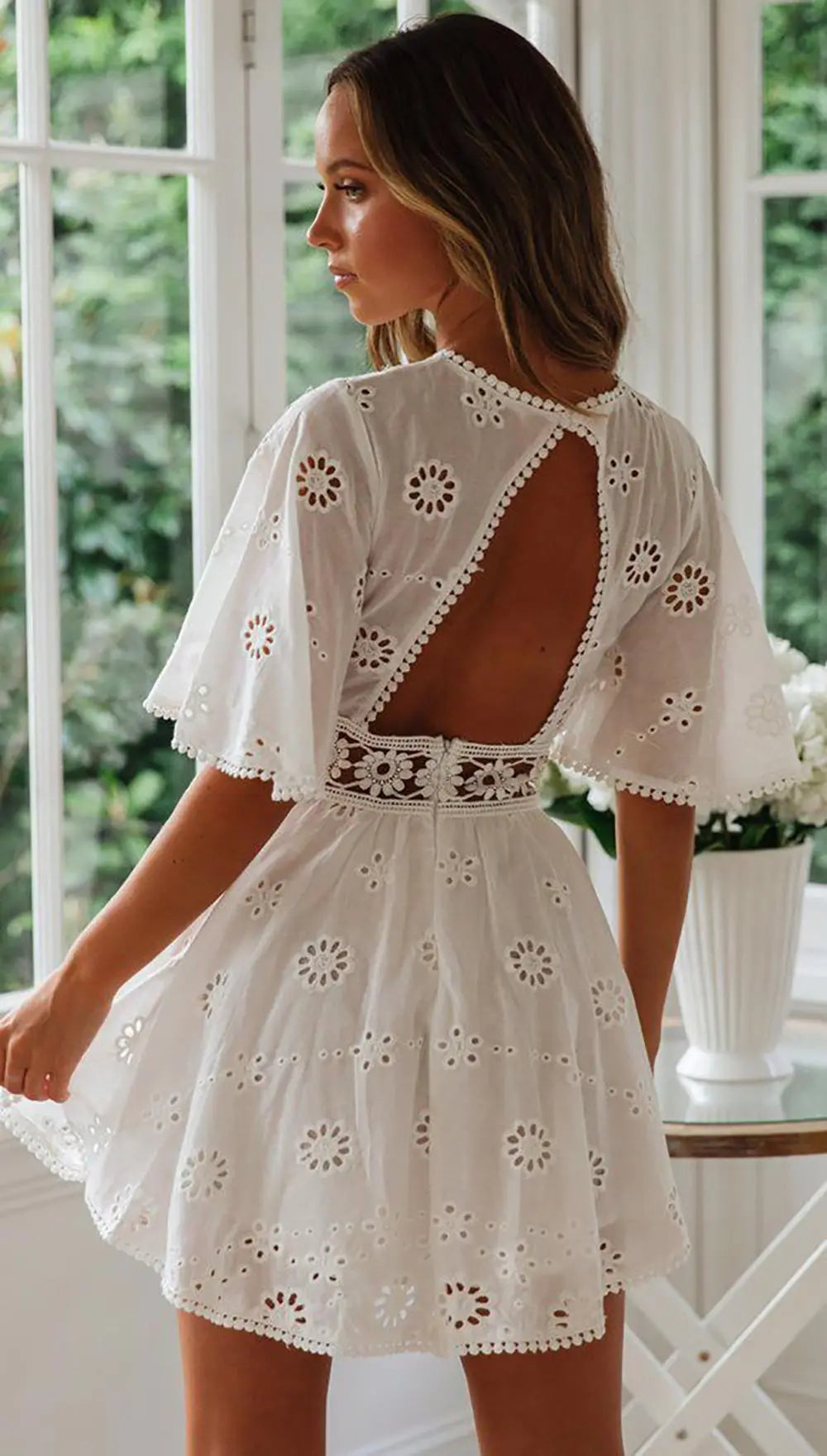 WildPinky Flare Sleeve Cotton White Lace Dress Women Casual Ladies Summer High Waist Short Dress Backless Hollow Out Vestidos