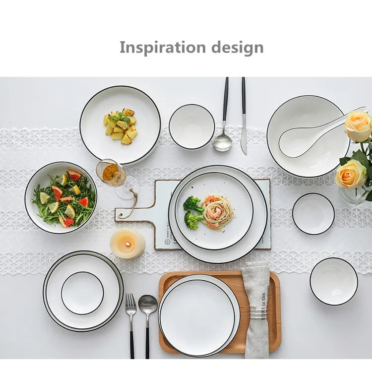 White With Black Edge Dinner Plate Ceramic Kitchen Tray Food Dishes Rice Salad Noodles Bowl Soup Kitchen Cook Tool 1pcs Sale