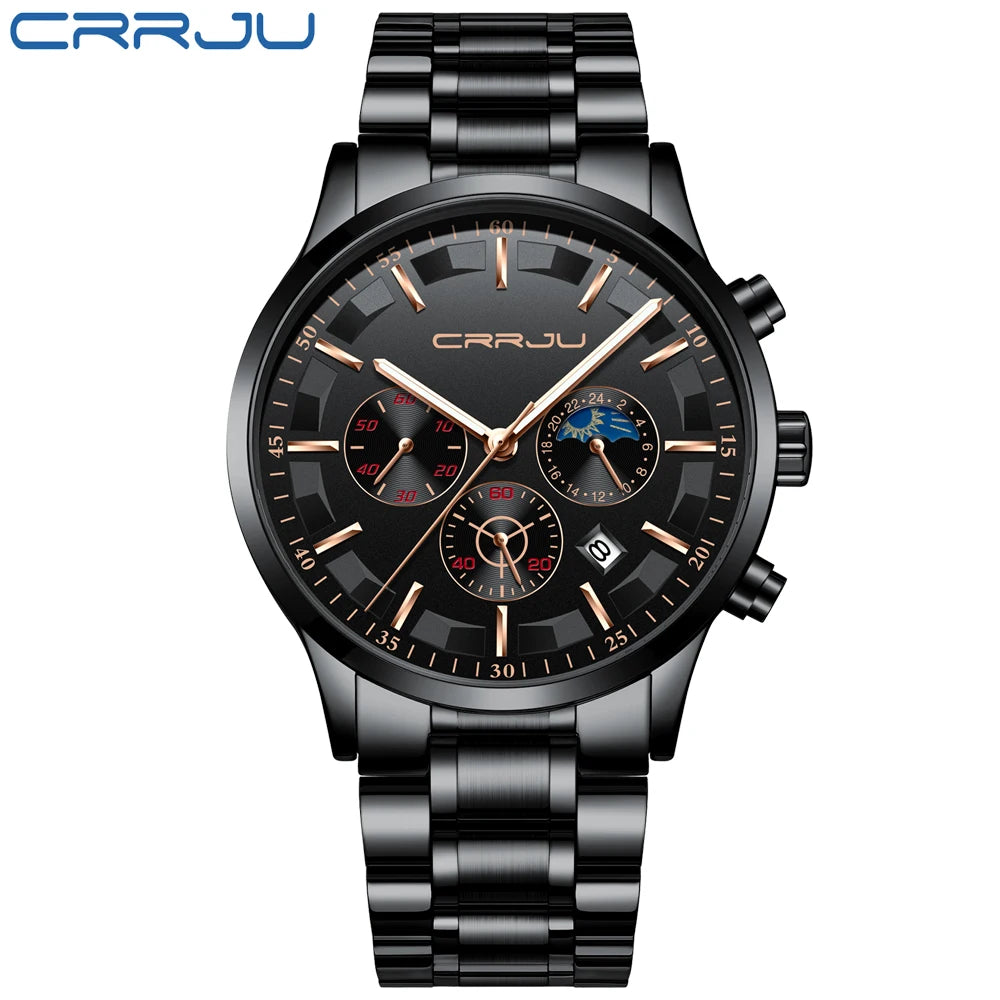 CRRJU Mens Watches Top Brand Luxury Fashion Business Quartz Watch Men Sport Full Steel Waterproof Black Clock Relogio Masculino