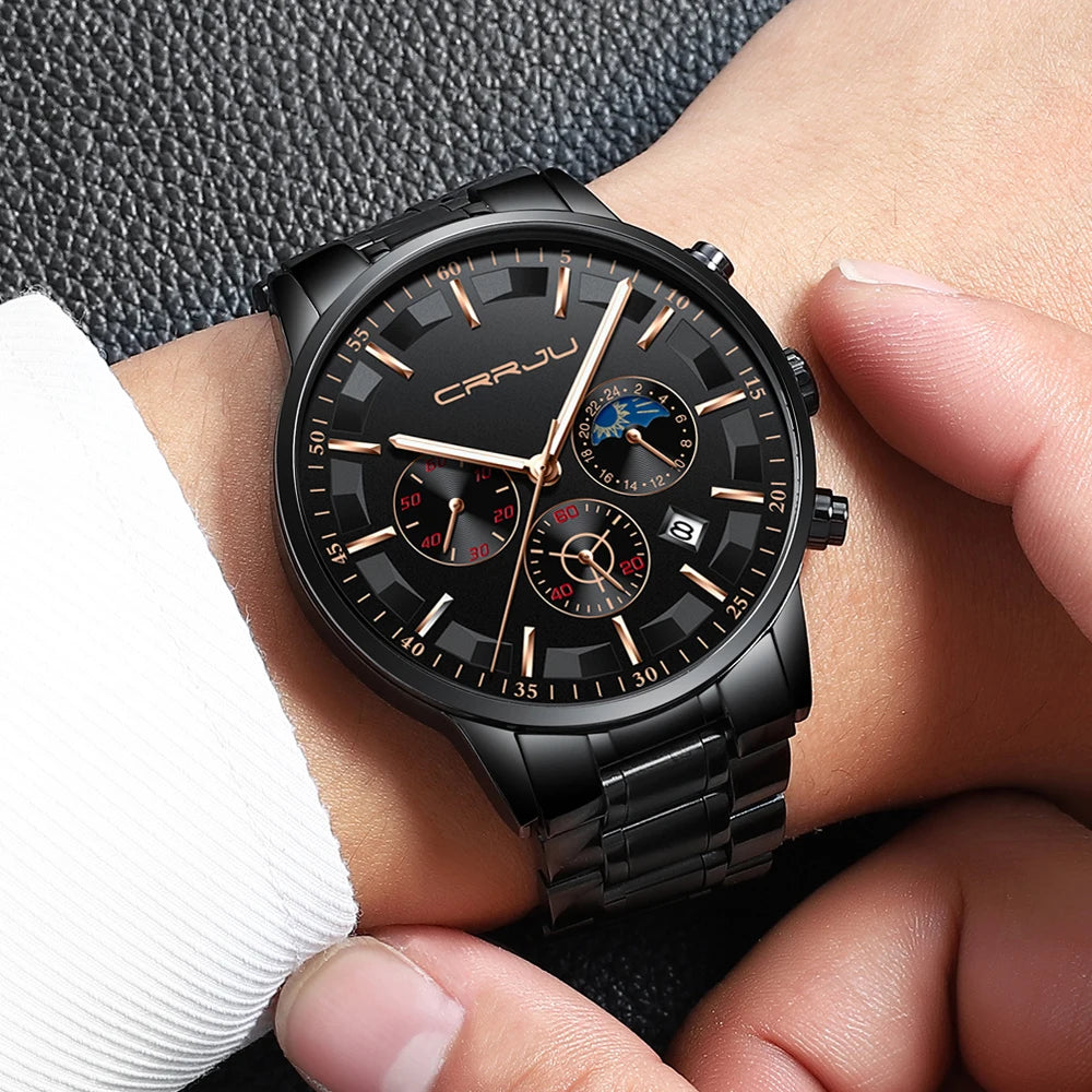 CRRJU Mens Watches Top Brand Luxury Fashion Business Quartz Watch Men Sport Full Steel Waterproof Black Clock Relogio Masculino