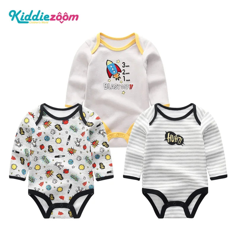 100% Cotton Jumpsuits 3Pieces Newborn Baby Boy Clothes Cartoon Bodysuit Print Long Sleeve Baby Girls Clothes 0-12M Spring Autumn