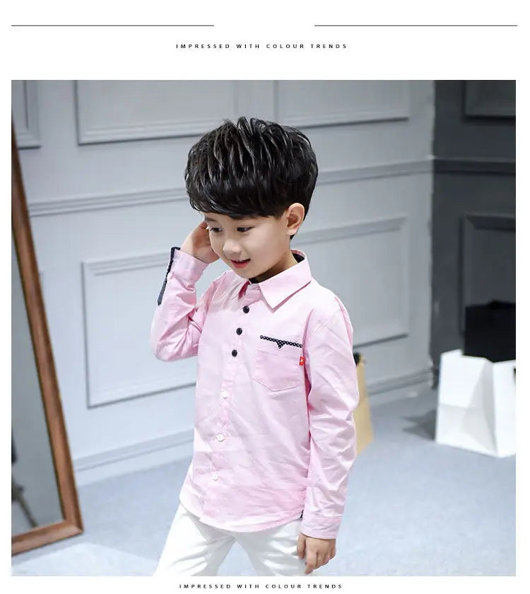 Hot Sale Children Boys Shirts Spring 2023 Fashion Solid color Kids baby Shirts children Clothing Shirt white Long sleeve 3-12Yrs