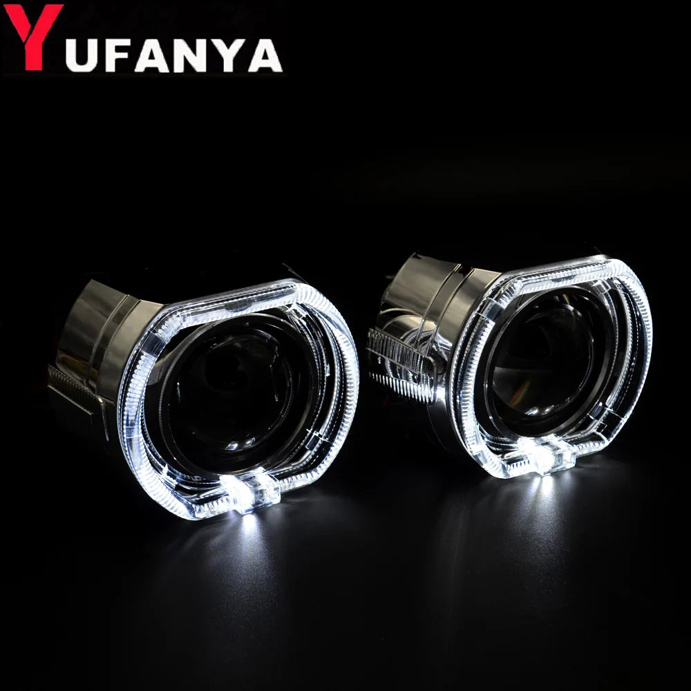 2.5 Inch Mini Bi Xenon Hid Projector Lens DRL LED White Angel Eyes Silver Shrouds Fit H4 H7 Retrofit Car Assembly Kit Demon Eyes