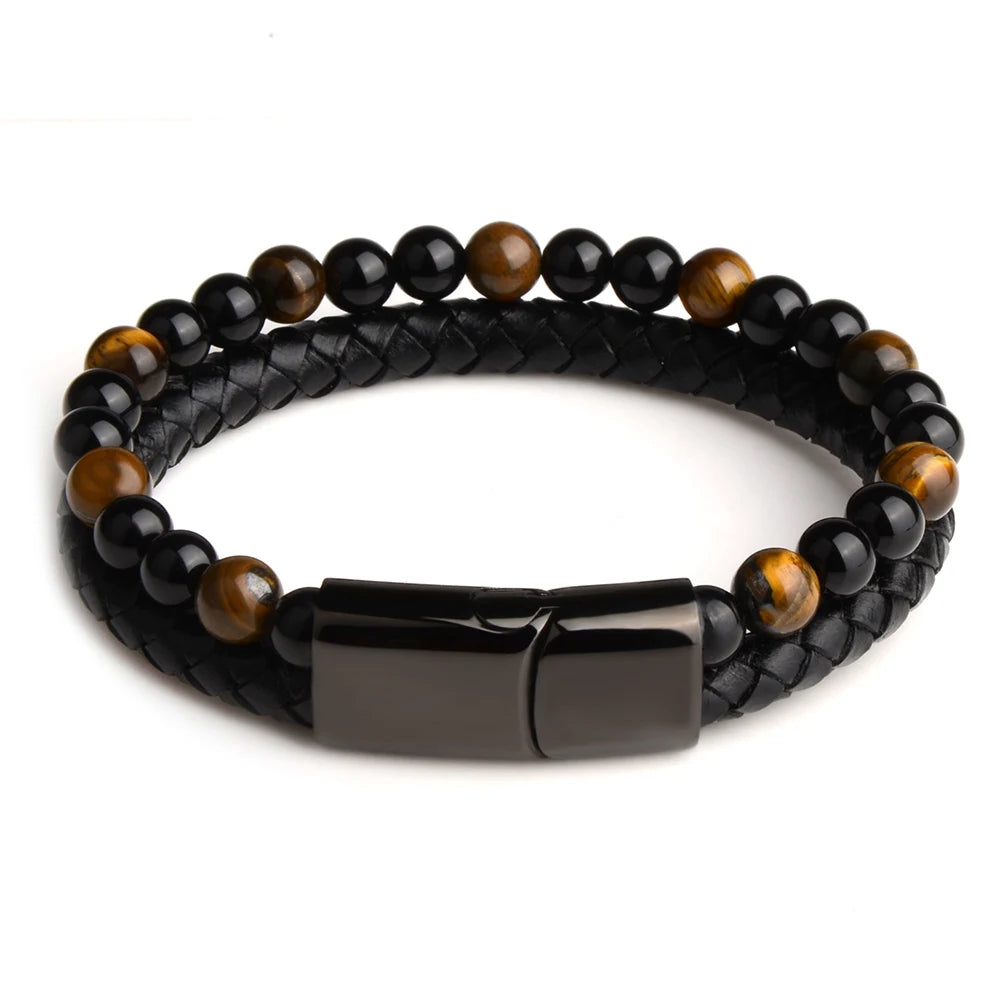Natural Stone Bracelet Genuine Leather Braided Bracelets Black Stainless Steel Magnetic Clasp Tiger eye Bead Bangle Men Jewelry