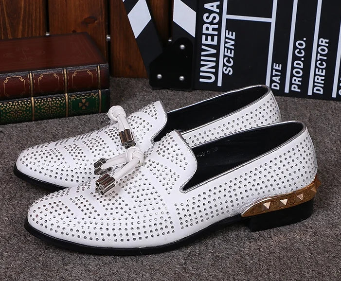 NA033 Big Size 46 Designer Men Suede Dress Shoes White Wedding Shoe Party Crystal Men Loafers Knot Smoking Slipper Male Flats