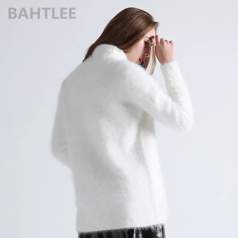 BAHTLEE-Women's Angora Jumper, Turtleneck Pullovers, Knitting Sweater, Long Sleeve, Keep Warm, White, Winter