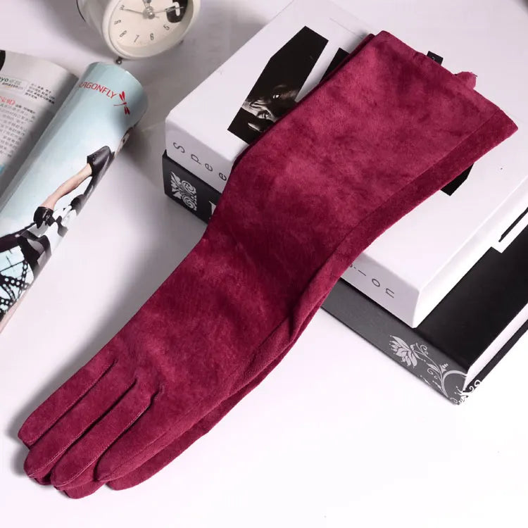 2025 Fall/Winter Fashion Women Pigskin Suede Genuine Leather Fold Long Glove Lady 30/40/50cm Black/Pink/Red Classic Luvas Mujer