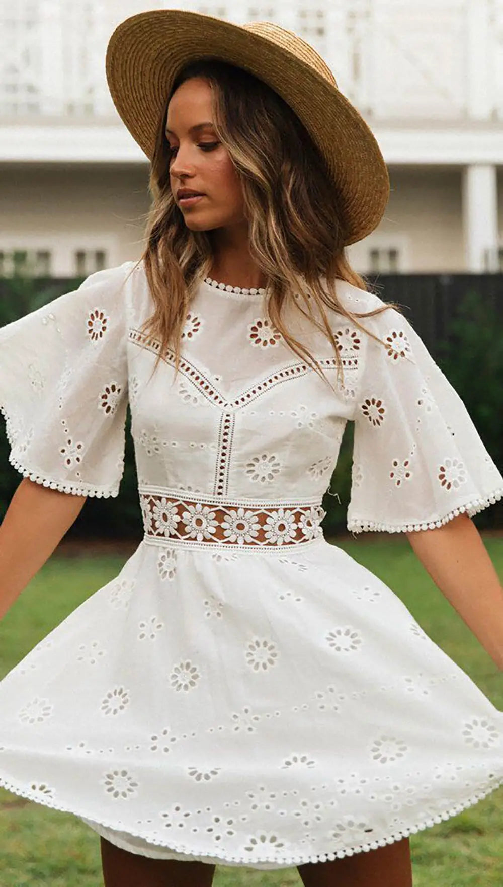 WildPinky Flare Sleeve Cotton White Lace Dress Women Casual Ladies Summer High Waist Short Dress Backless Hollow Out Vestidos