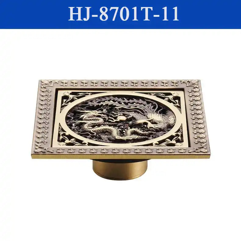 Shower Drains 12*12cm Square Bath Drains Strainer Hair Antique Brass Art Carved Bathroom Floor Drain Waste Grate Drain HJ-8701T