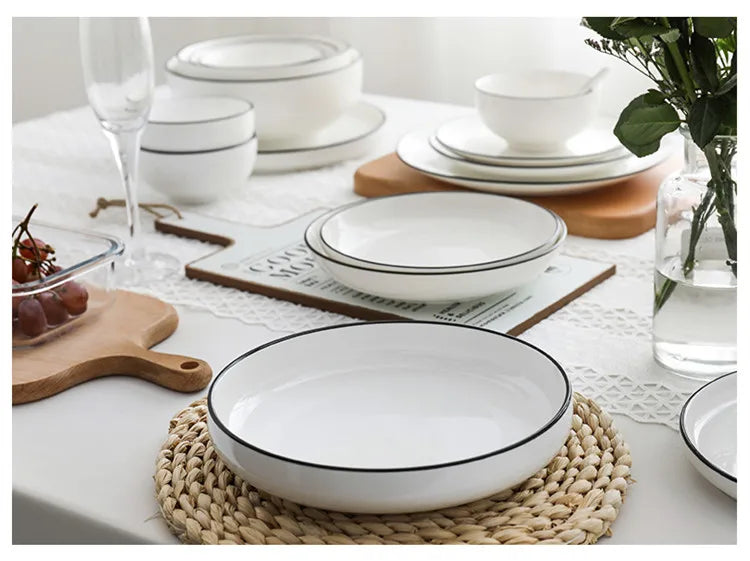 White With Black Edge Dinner Plate Ceramic Kitchen Tray Food Dishes Rice Salad Noodles Bowl Soup Kitchen Cook Tool 1pcs Sale