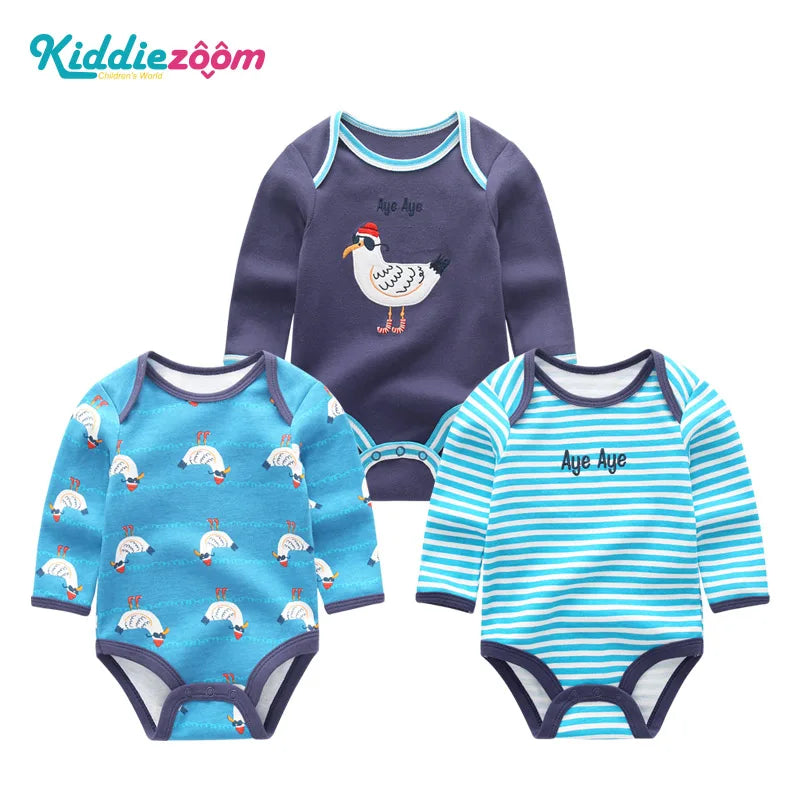 100% Cotton Jumpsuits 3Pieces Newborn Baby Boy Clothes Cartoon Bodysuit Print Long Sleeve Baby Girls Clothes 0-12M Spring Autumn